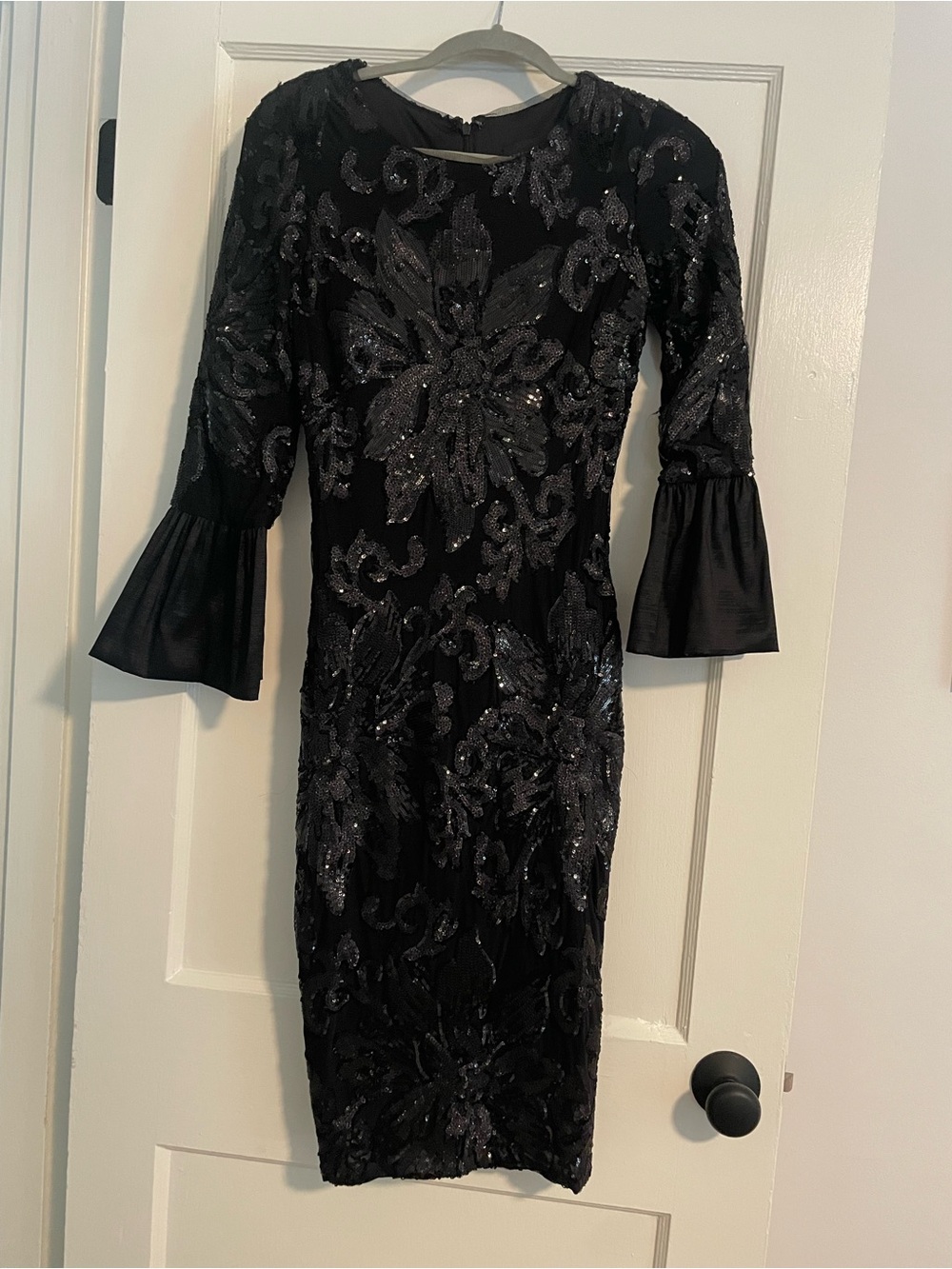 Betsy & Adam Black Sequin Cocktail Midi Dress with Bell Sleeves 8